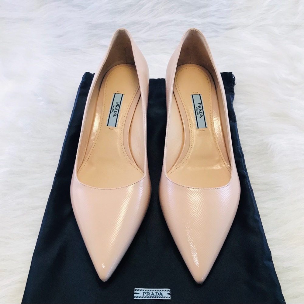 PRADA Saffiano Textured Patent Leather Pumps Blush